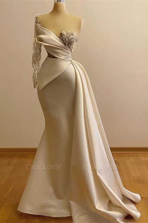 Real Mode White One Shoulder Long Sleeve Mermaid Prom Dress