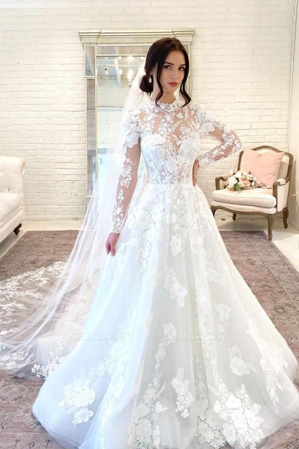 Gorgeous High Neck Long Sleeve A Line Lace Wedding Dress