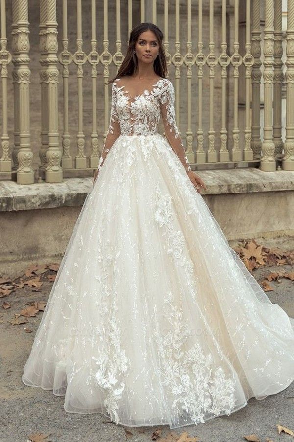 Nectarean Scoop Long-Sleeve A-Line Lace Wedding Dresses with Chapel Train