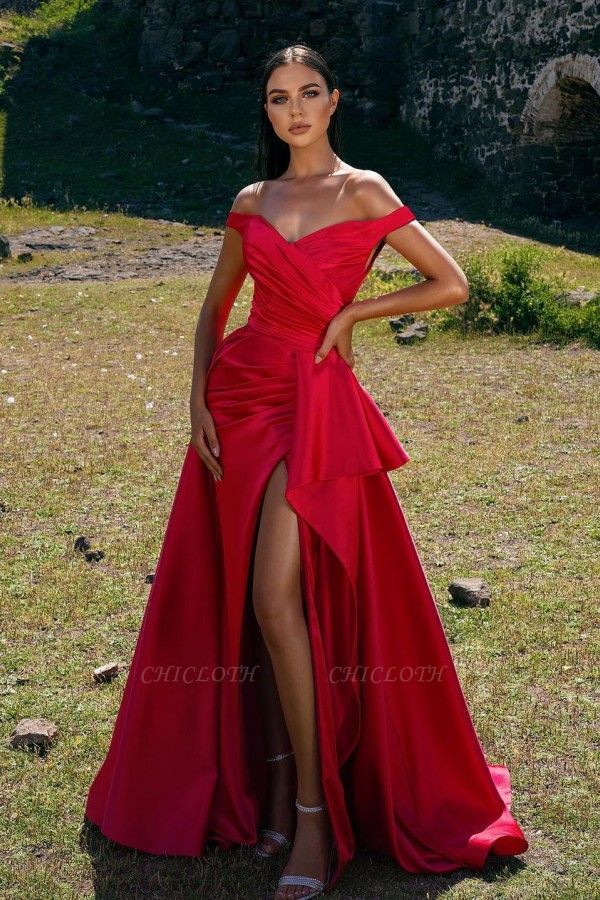 Simple Red Off Shoulder Sleeveless A Line Long Prom Dresses