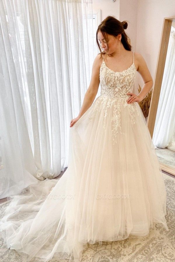 Simple Ivory Spaghetti Staps A Line Wedding Dress With Lace