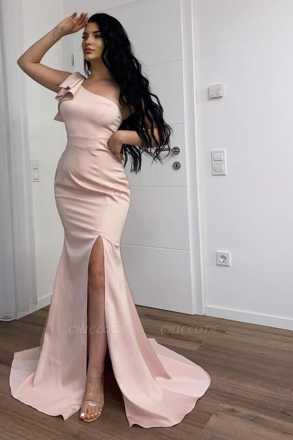 Pink Beautiful One-shoulder Sleeveless Mermaid Elastic Woven Satin Floor-Length Prom Dresses with Ruffles