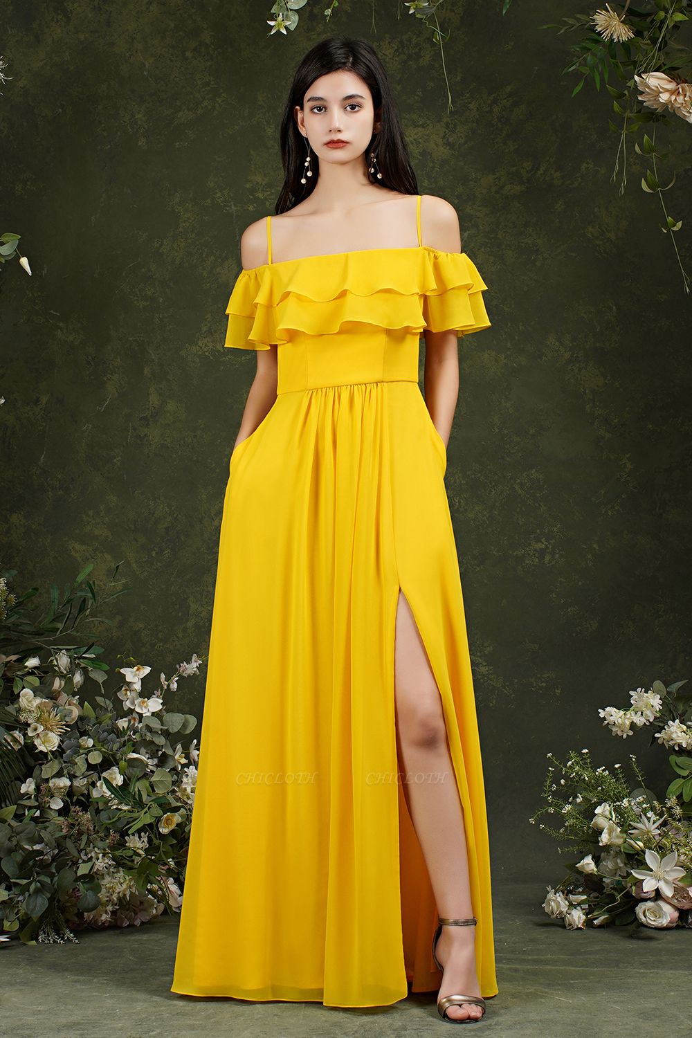 Yellow Simple Off-the-shoulder Sleeveless A-Line Chiffon Split Front Bridemaid Dresses with Cascading Ruffles