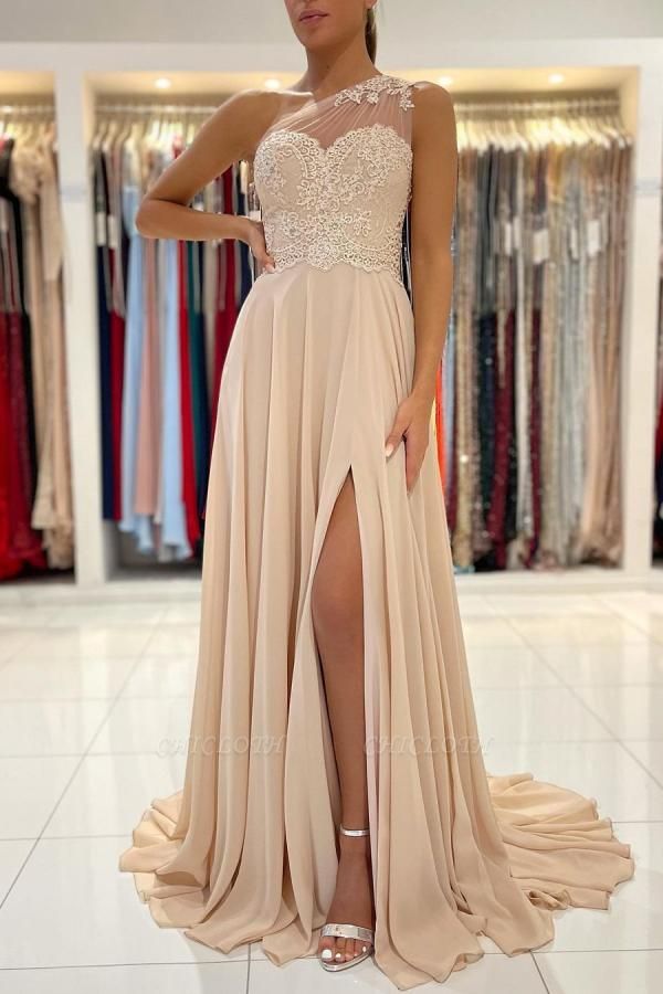 Simple One Shoulder Split Champagne Long Prom Dress With Lace