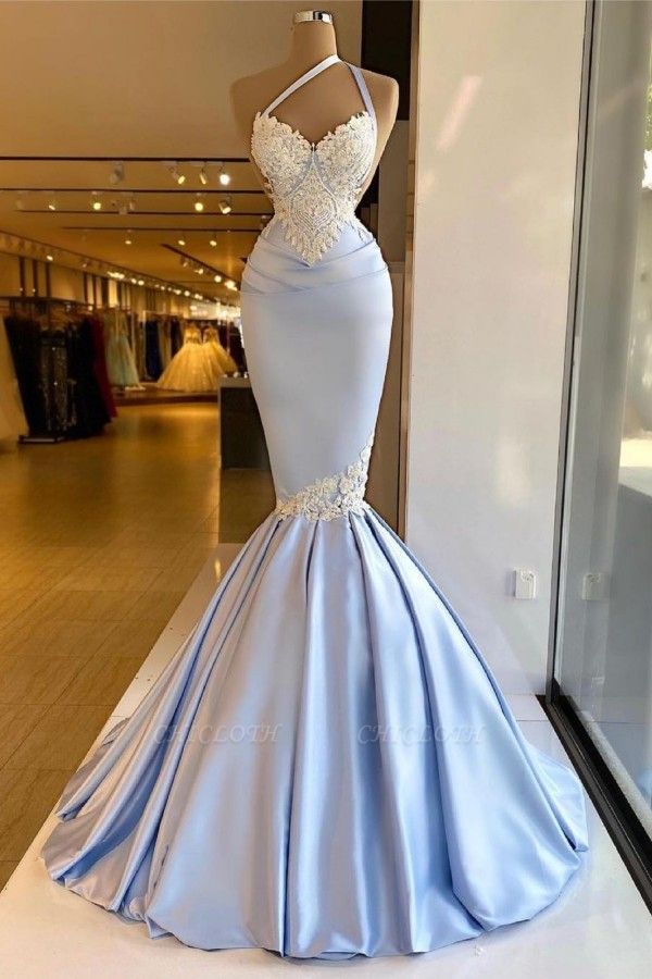Lavender Halter Satin Mermaid Prom Dress Evening Gowns With Lace
