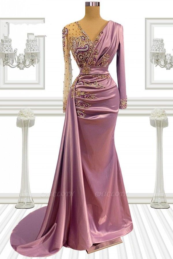 Purple V-Neck Long Sleeve Mermaid Elastic Woven Satin Ruffles Floor-Length Prom Dresses with Crystal