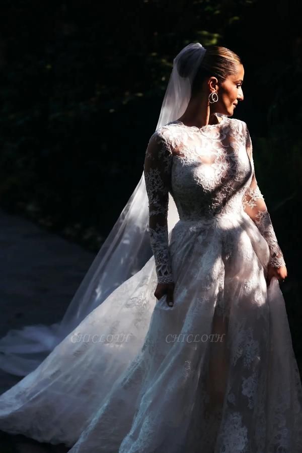 Exquisite Beteau Long Sleeve Backless Appliques Lace Wedding Dresses