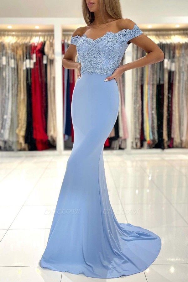Simple Blue Off Shoulder Meramid Long Prom Dress With Lace