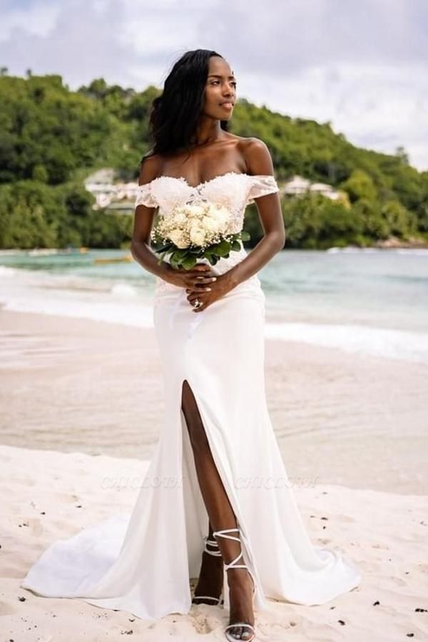 Cheap off sholder From Split Beach Wedding Dresses With Lace