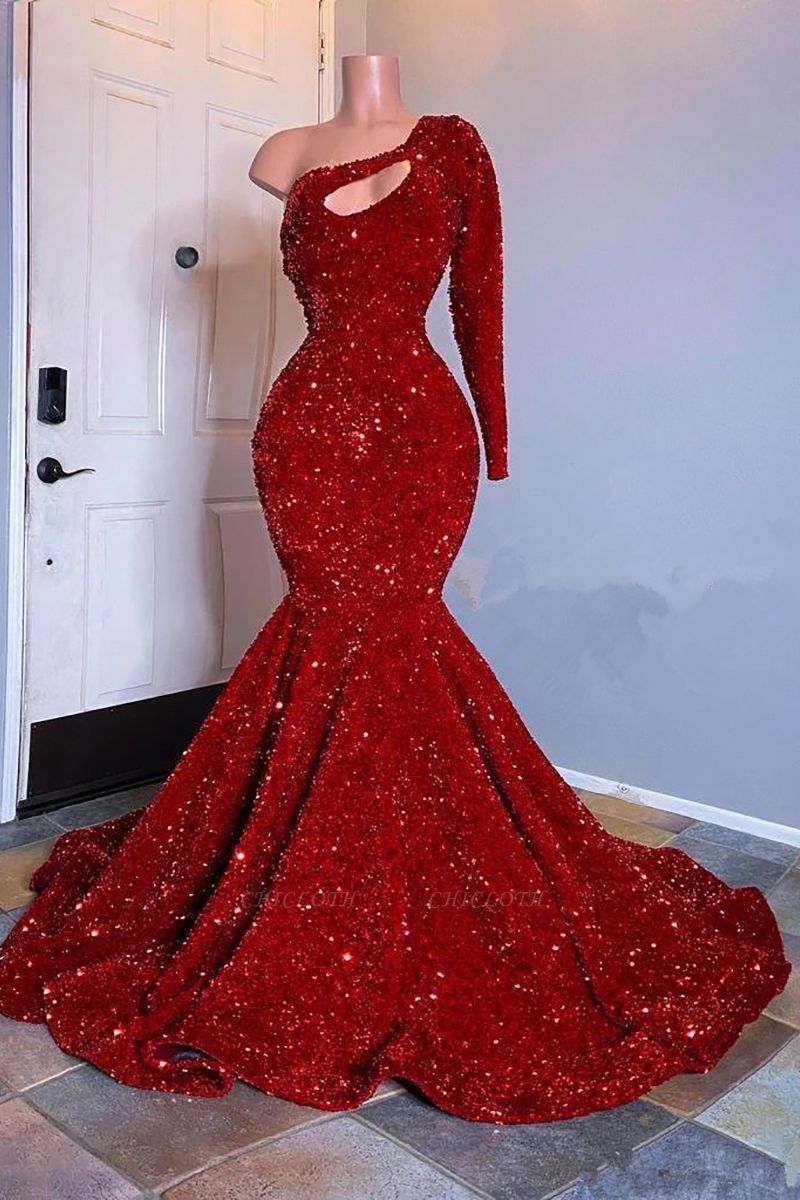 Sparkly Red One Shoulder Long Sleeve Prom Dress With Glitter