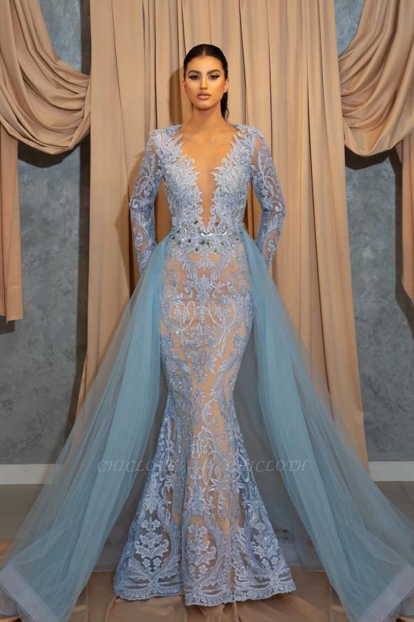 Gorgeous Sky Blue V-neck Long Sleeve Sheath Mermaid Appliques Transparent Lace Prom Dresses