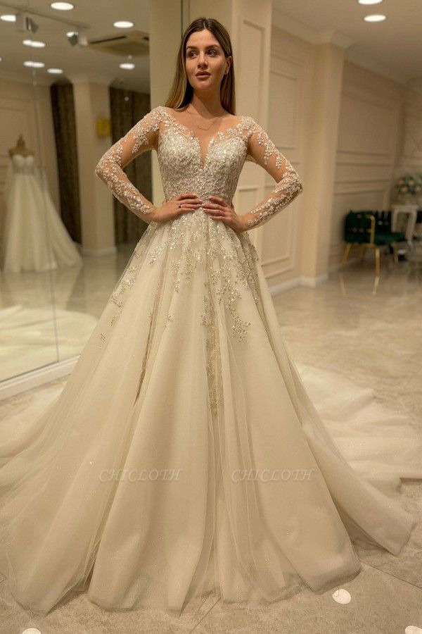 Modern Ivory V Neck Long Sleeve A line Wedding Dress With Lace