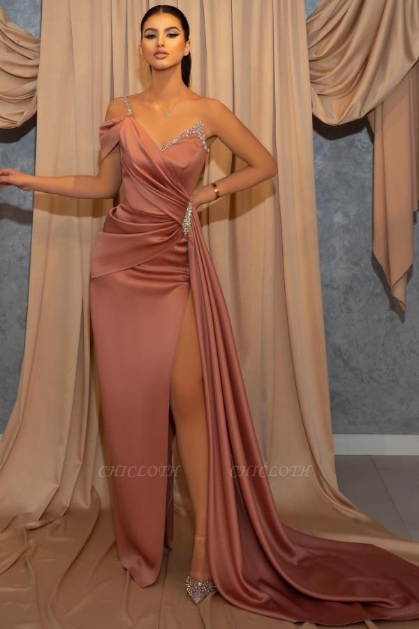 Nectarean Pink Sweetheart One Shoulder Sheath Floor-length Prom Dresses with Slit