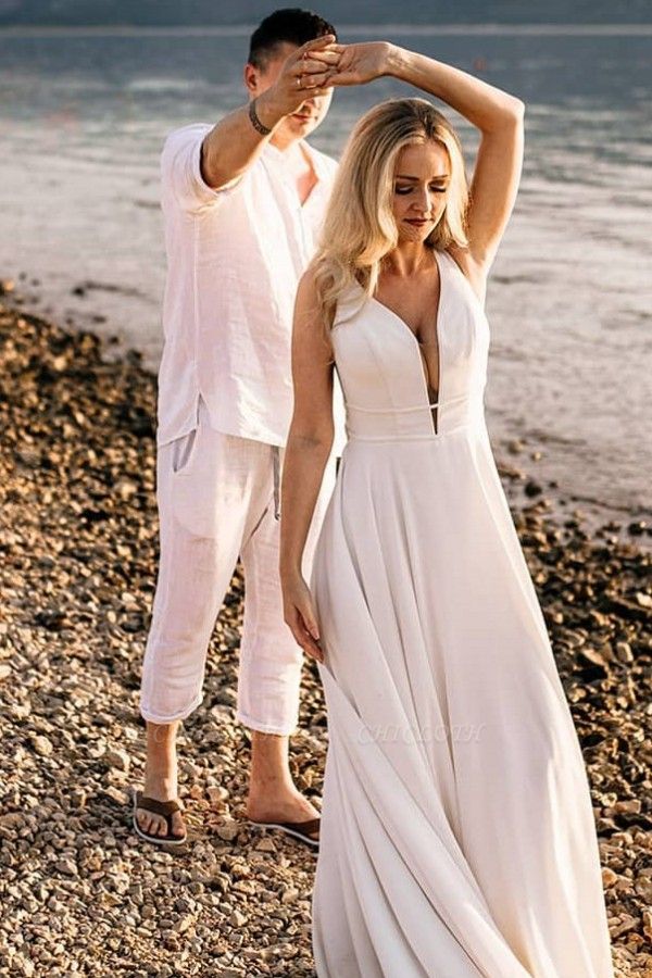 Simple Spägetti Straps Sleeveless Beach Wedding Gowns Bridal Dresses