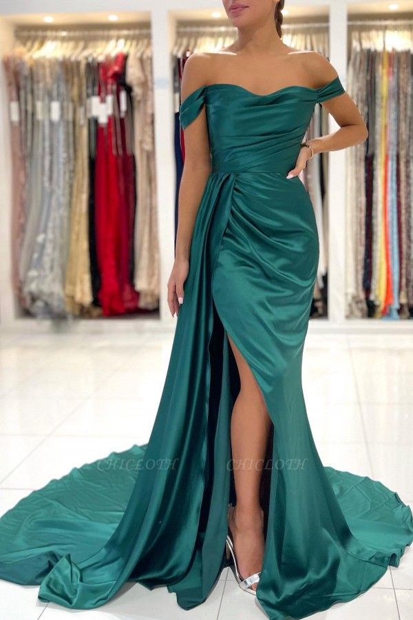 Elegant Off-the-shoulder sleeveless Mermaid Elastic Woven Satin green Prom Dress with Ruffle