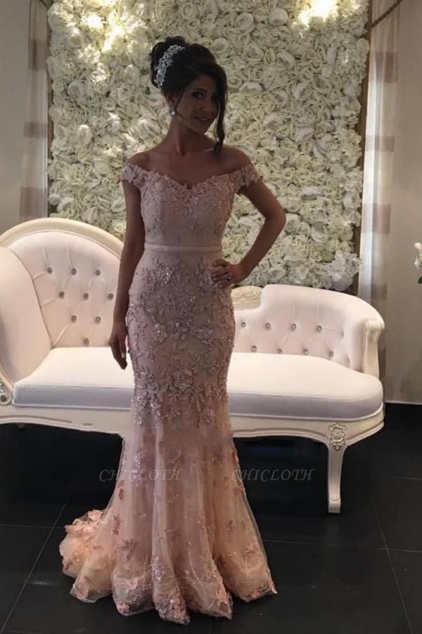 Elegant Pink Off Shoulder Sparkly Lace Mermaid Prom Dress