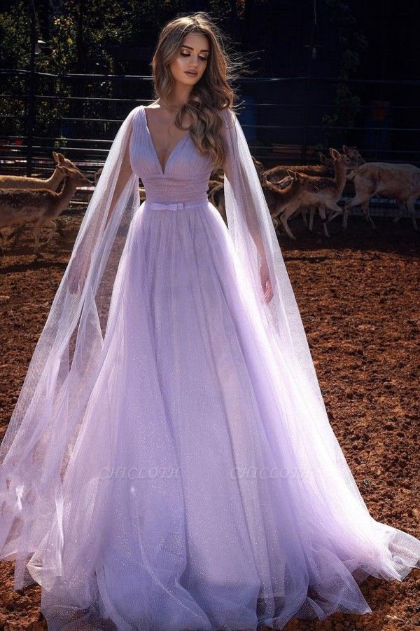 Nectarean lavender V-neck Transparent Long sleeve A-Line Floor-length Prom Dresses