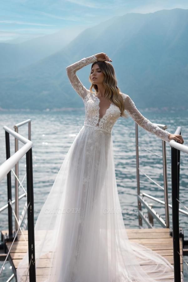 Boho V Neck Long Sleeve Lace Wedding Dresses Bridal Gown