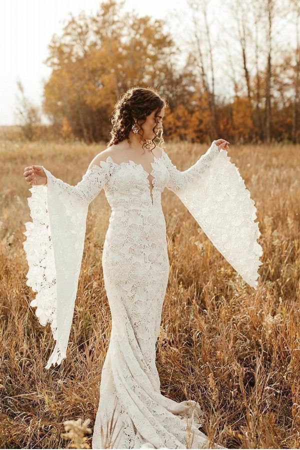 Unique Sweetheart Long-Sleeve Mermaid Floor-Length Lace Wedding Dresses with Chapel Train