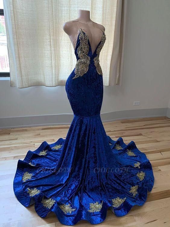 Exquisite Blue V-neck Spaghetti Straps Beading Sleeveless Floor-length Mermaid Prom Dresses