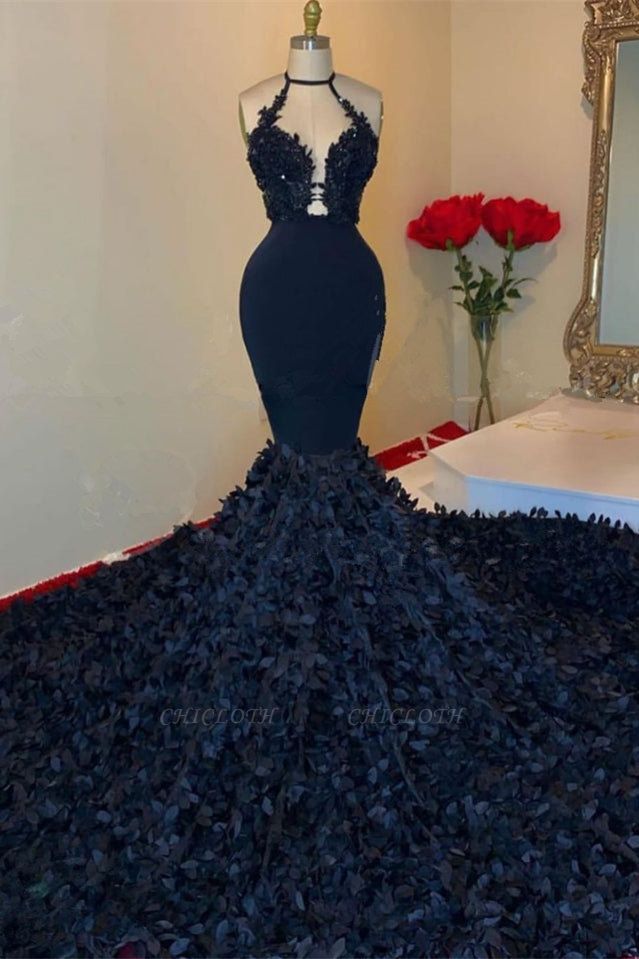 Decent Black V-neck Halter Appliques Sleeveless Floor-length Mermaid Prom Dresses