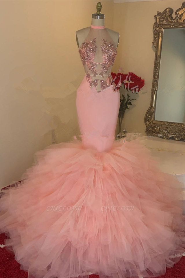 Nectarean Pink Transparent Lace High Neck Sleeveless Floor-length Mermaid Prom Dresses