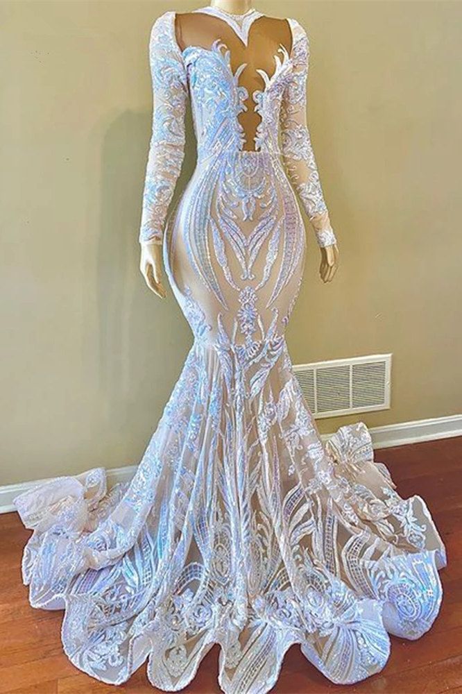 Classy White V-neck Sequins Long Sleeve Floor-length Mermaid Prom Dresses