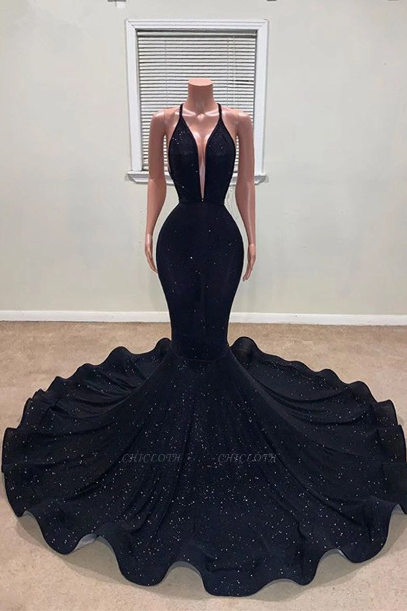 Dignified Black V-neck Spaghetti Straps Sleeveless Floor-length Mermaid Prom Dresses