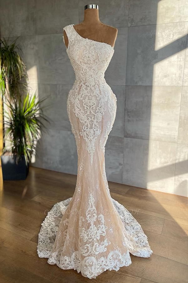 Sexy One shoulder Mermaid With Appliques Lace Wedding Dresses