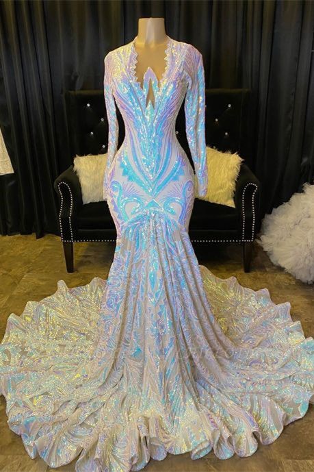 Shimmers V-neck Sequins Appliques Long Sleeve Floor-length Mermaid Prom Dresses