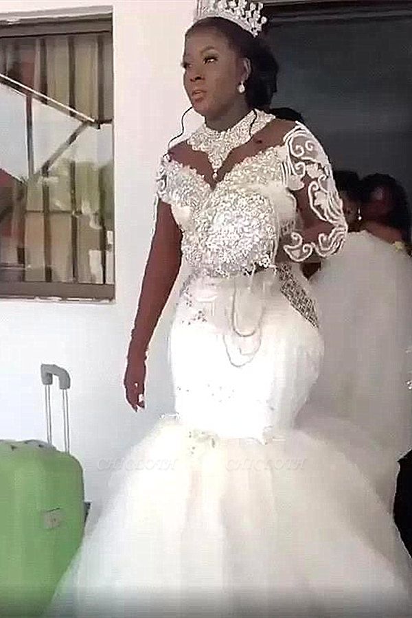 Charming Sweetheart Jewel Long Sleeve Appliques Lace Column Mermaid Floor-length Wedding Dresses