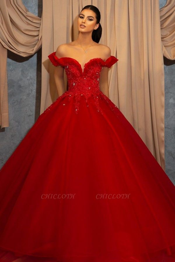 Red Off-the-shoulder Sleeveless Ball Gown Chiffon Floor-Length Prom Dresses with Lace