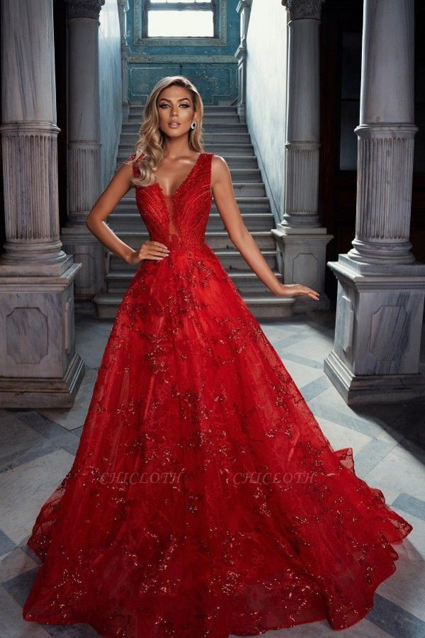 Vintage Red V-Neck Sleeveless A-Line Tulle Prom Dresses with Applique