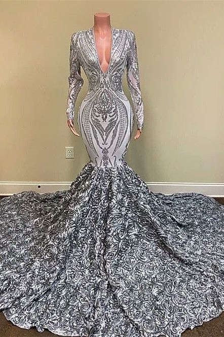 Gorgeous Silver V-neck Long Sleeve Flowers Floor-length Mermaid Prom Dresses