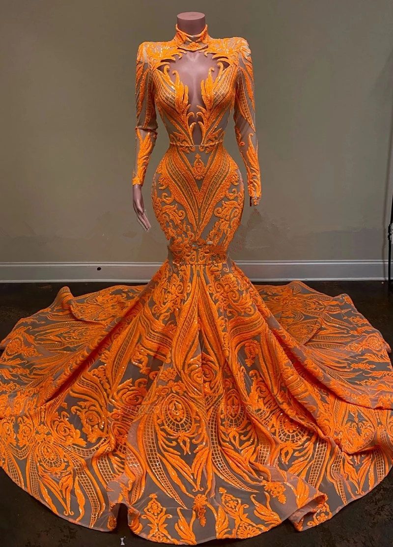 Fabulous Orange Halter Appliques Lace Long Sleeve Mermaid Prom Dresses