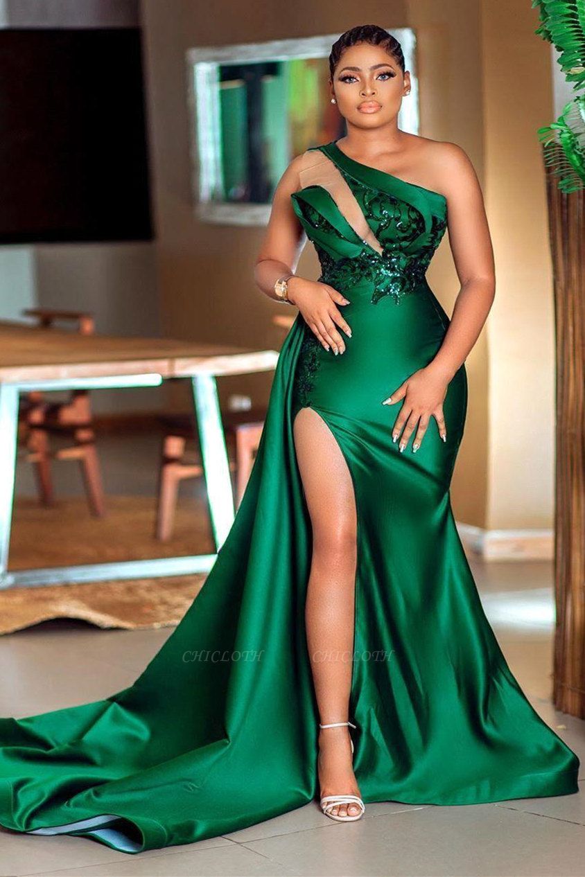 Sexy Green One Shoulder Beading Wedding Prom Dresses with Slit