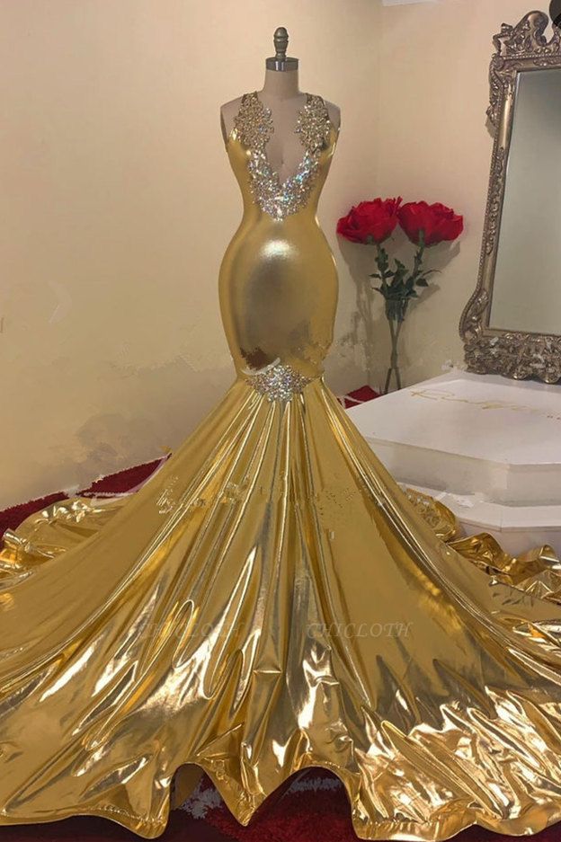 Fabulous Golden Beading V-neck Sleeveless Floor-length Mermaid Prom Dresses