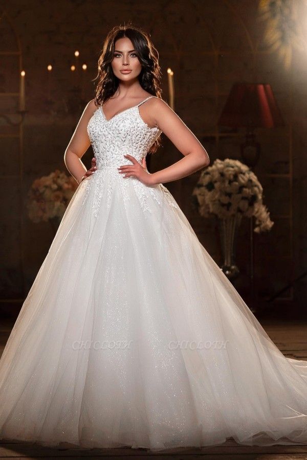 Modest Spaghetti Strap Sleevesless A-Line Floor-Length Tulle Wedding Dresses with Applique