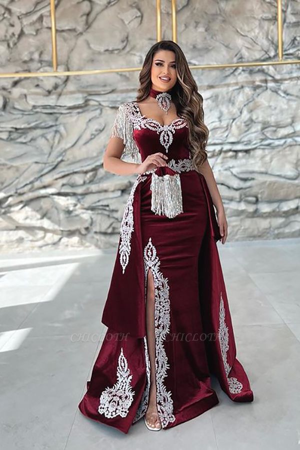 Gorgeous Red Sweetheart Column Appliques Sleeveless Split Front Floor-length Prom Dresses with Train