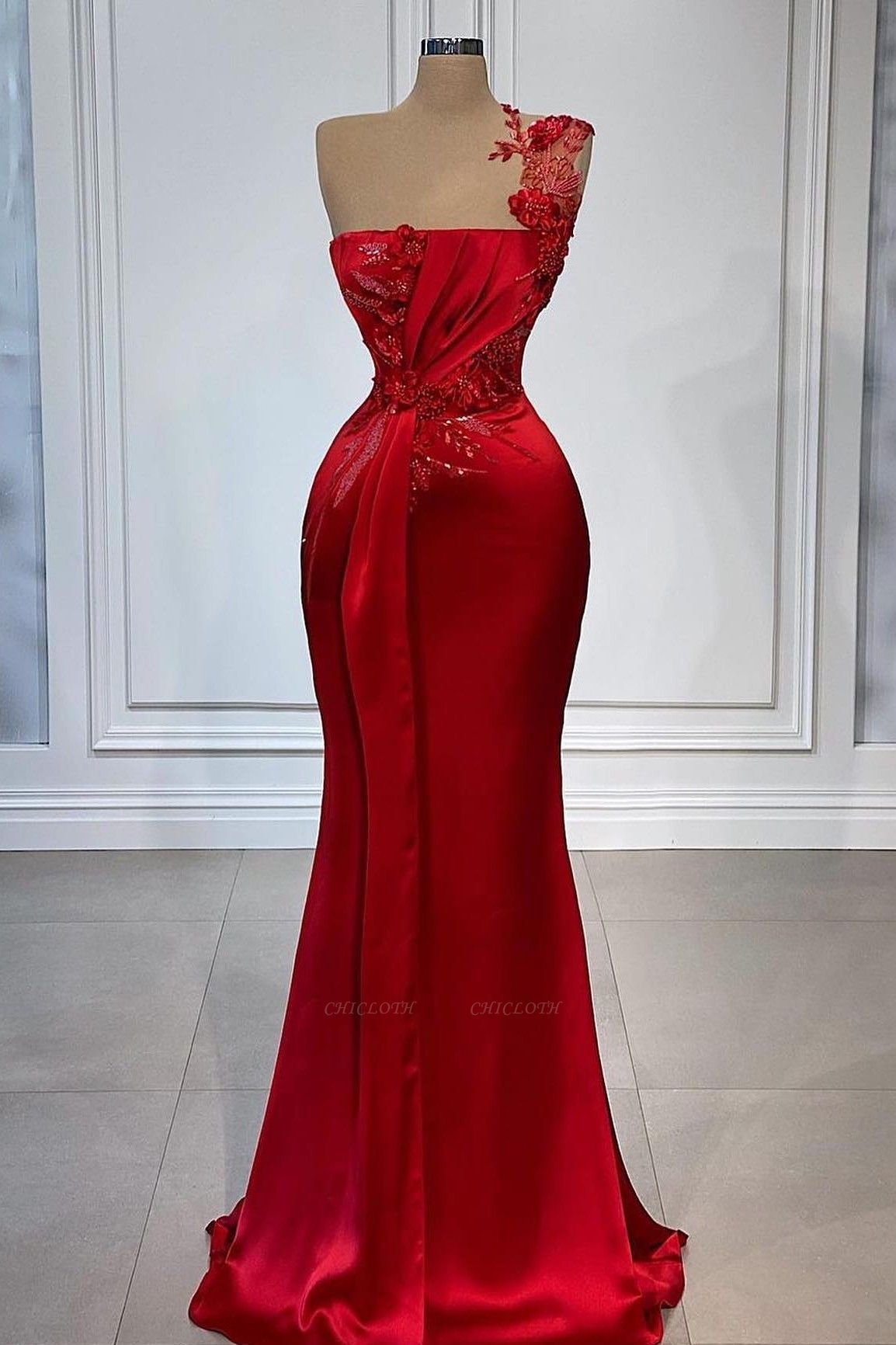 Decent Red Pleats Flowers One Shoulder Sleeveless Floor-length Empire Prom Dresses