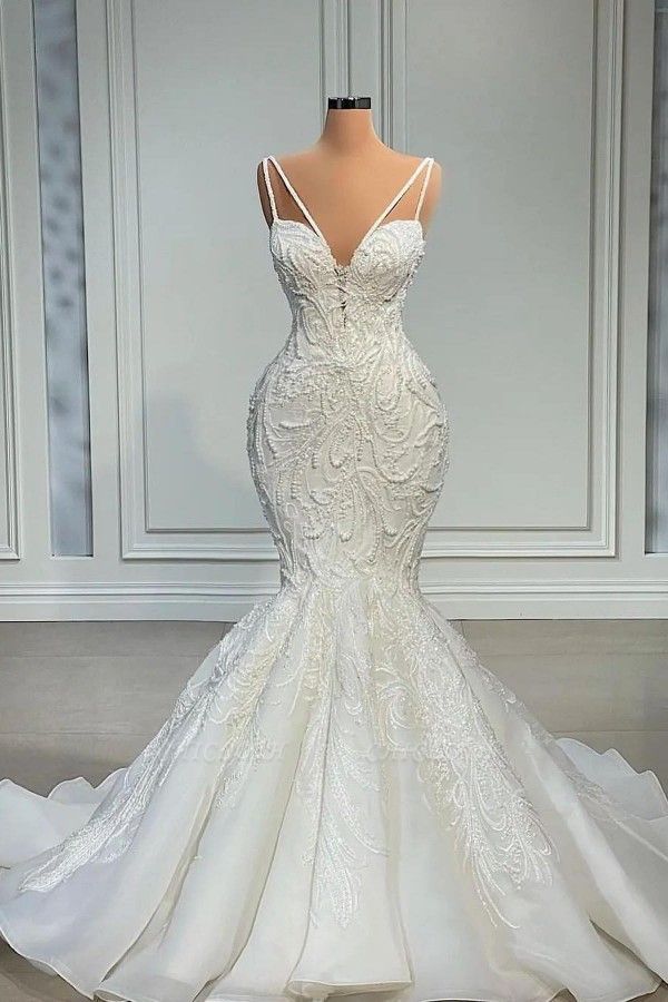 Charming Spaghetti Straps Sleeveless Mermaid Chiffon Beading Floor-Length Wedding Dresses