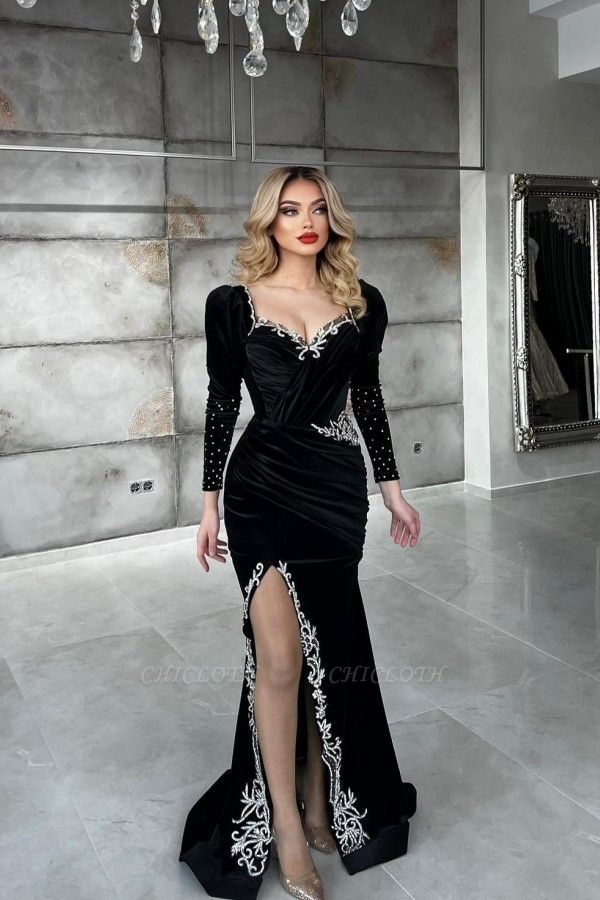 Sexy Black Sequined Column Appliques Long Sleeves Split Front Floor-length Prom Dresses