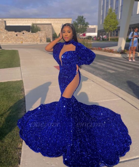 Shimmers Blue High-neck Long Sleeve Transparent lace Floor-length Mermaid Prom Dresses