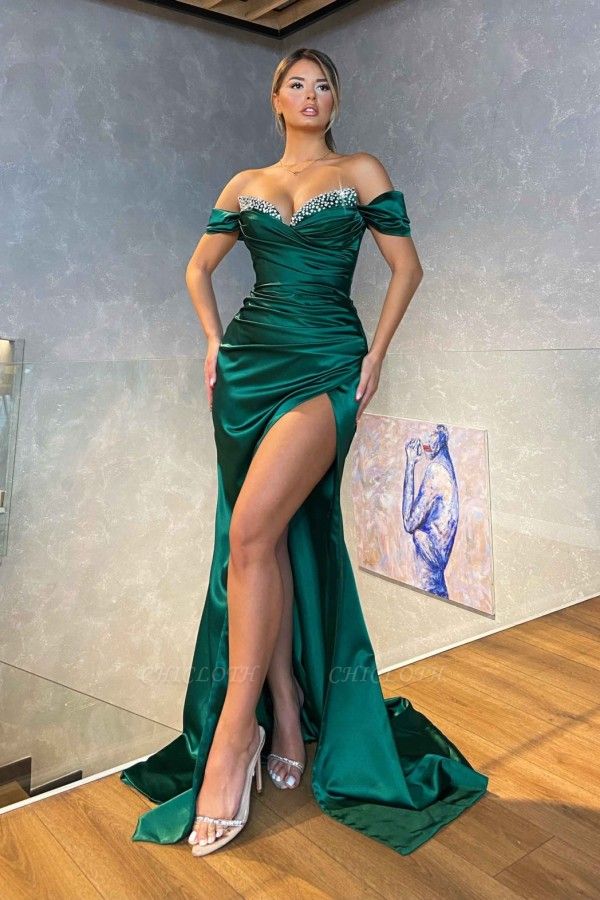 Green Sexy Off-the-shoulder Sleeveless Elastic Woven Satin Floor-Length Prom Dresses with Ruffles