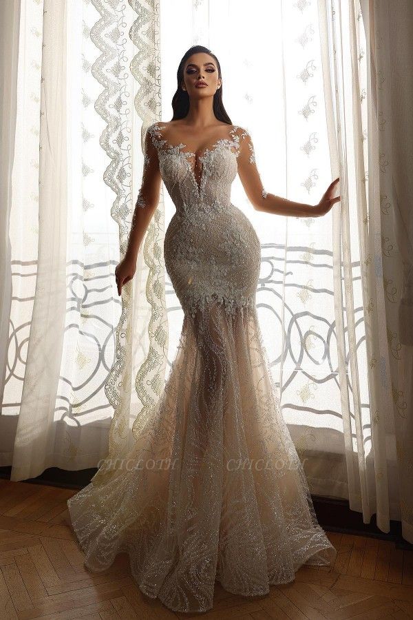 Unique Appliques Lace Mermaid Column V-neck Transparent Long Sleeve Floor-length Wedding Dresses