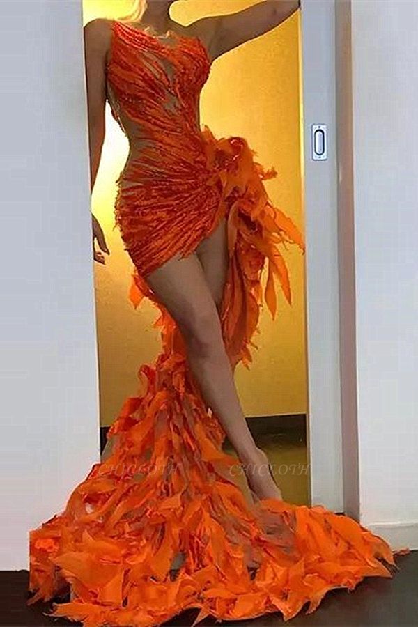 Unique Orange Jewel Sleeveless Asymmetrical Appliques Column Prom Dresses