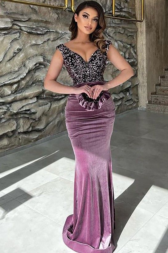 Exquisite Purple Sequins V-neck Sleeveless Floor-length Column Prom Dresses