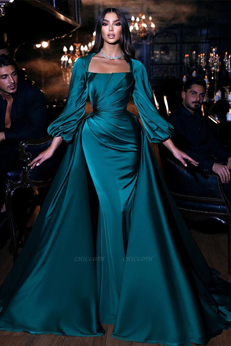 Dignified Green Square Neckline Long Sleeve Column Floor-length Wedding Dresses with Train