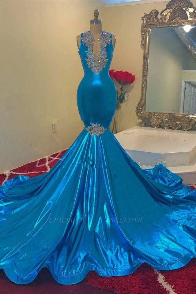 Vintage Blue Sequins Appliques V-neck Sleeveless Floor-length Mermaid Prom Dresses