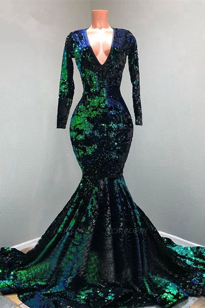 Gorgeous Dark Green V-neck Long Sleeve Floor-length Mermaid Prom Dresses